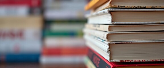 Fototapeta premium Close-up of stacked books, textured spines, blurred background, detail, design
