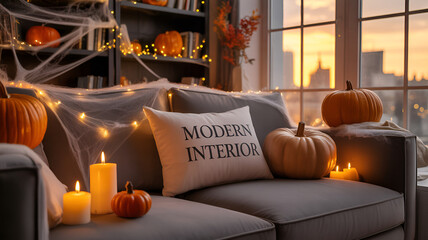 Living room decorated for halloween with pumpkins candles and spider webs on a gray sectional sofa .