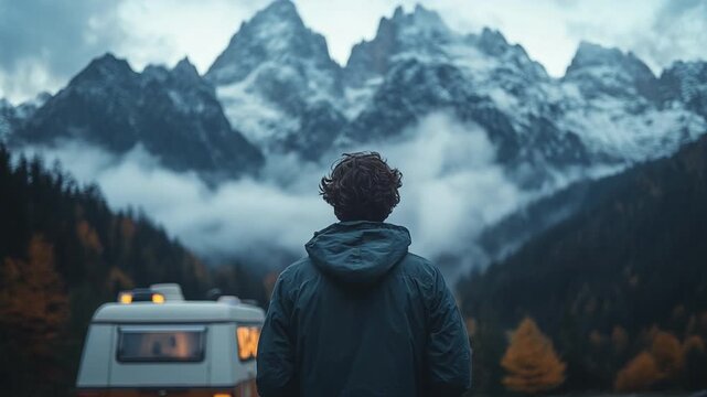 Solitary Wanderer: A solitary individual gazes in awe at majestic mountains, framed by a cozy camper, embodying wanderlust. 