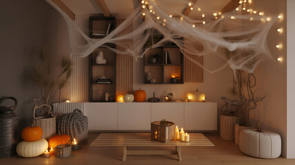 A living room decorated for halloween with pumpkins candles and spiderwebs hanging from the ceiling .