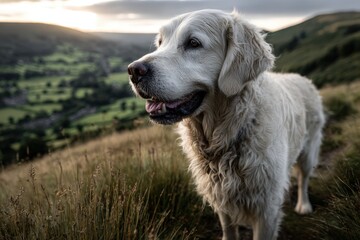 A fluffy white dog is comfortably sitting on top of a grassy hill