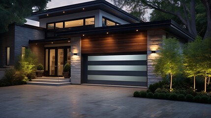 Fototapeta premium Modern residence at twilight with layered architecture and a beautifully illuminated facade and