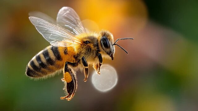 Honeybee in flight, detailed wings, pollen sacks, against blurred background