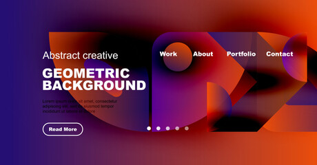 Modern website design. Abstract shapes, vibrant colors, navigation menu present. Text details geometric background concept.