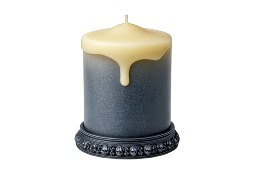 Dark grey candle with melted top isolated on transparent background