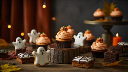 A halloween dessert display featuring cupcakes ghosts brownies and autumnal decorations on a wooden table .