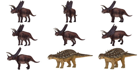 Collection of dinosaur models against a white backdrop.