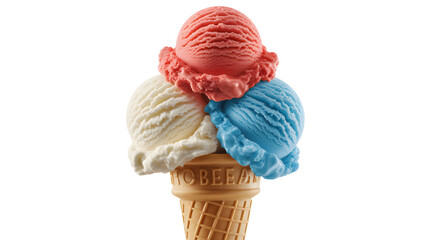 Obraz premium Refreshing trio of ice cream scoops in a waffle cone, perfect for summer celebration