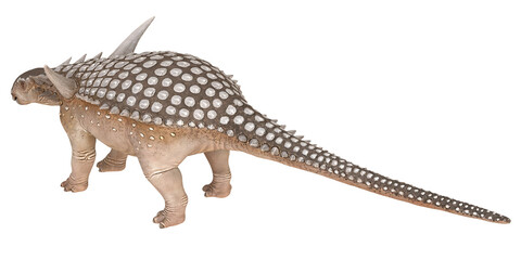 Armored dinosaur with spiked tail in profile view.