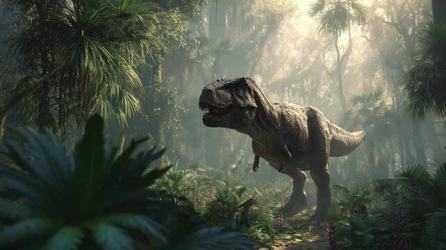 Tyrannosaurus Rex in the Jurassic Jungle: A majestic Tyrannosaurus Rex stands prominently in the misty embrace of a primeval rainforest, evoking the awe and scale of prehistoric life.