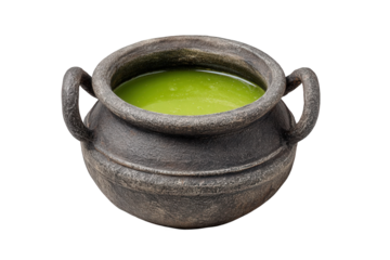 A bubbling green potion in a rustic cauldron isolated on transparent background