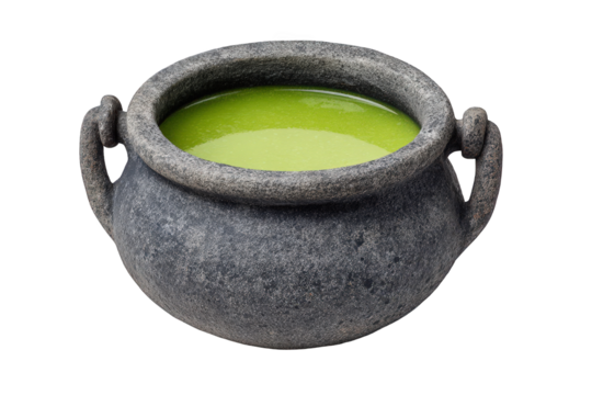 Stone cauldron filled with green potion isolated on transparent background