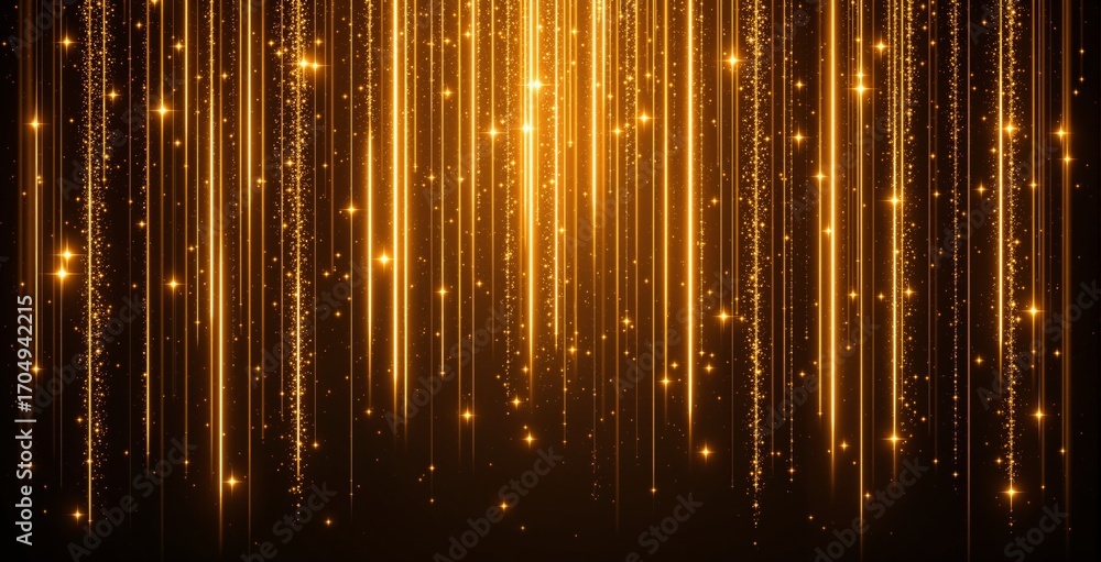 Poster glowing golden light streaks with sparkling particles falling vertically on a dark background, abstr