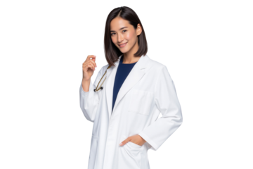Happy young Asian female scientist or doctor in lab coat smiling while holding a stethoscope