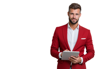 Confident and handsome businessman in a red suit holding a tablet, Professional and smart man ready for modern business