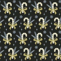 Seamless Christmas Pattern With Candy Canes, Tied Bows and Snowflakes on Black Background