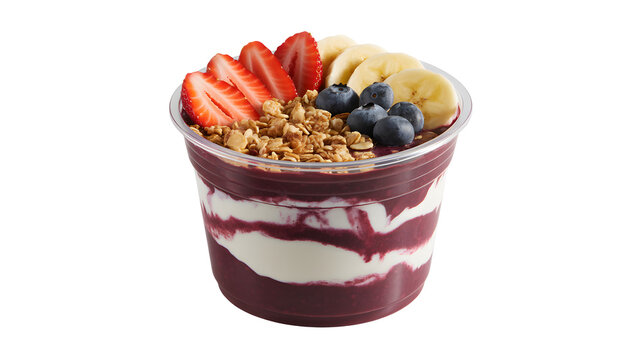 Vibrant acai bowl layered with creamy yogurt and topped with fresh berries and crunchy granola.