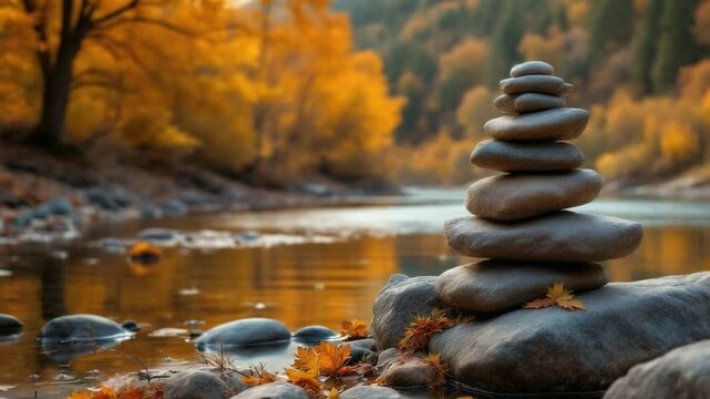 Thanksgiving seasons autumnal equinox harmony with stacked stones by a serene river amidst vibrant golden fall foliage