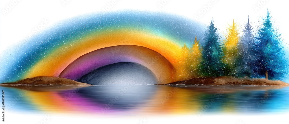 Poster artistic technique symbolic concept. a colorful rainbow arching over a tranquil lake with trees on t