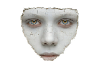Cracked white mask face isolated on transparent background