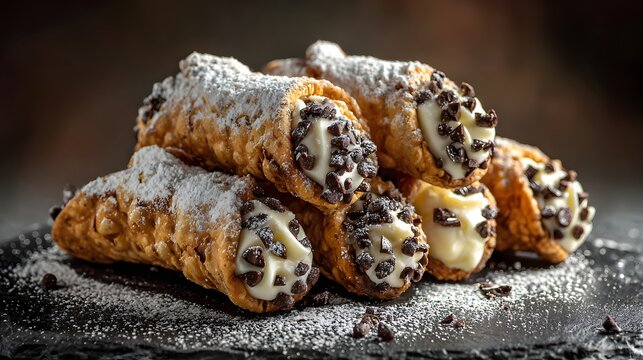 Italian cannoli with powdered sugar on stone background, space at bottom clear 