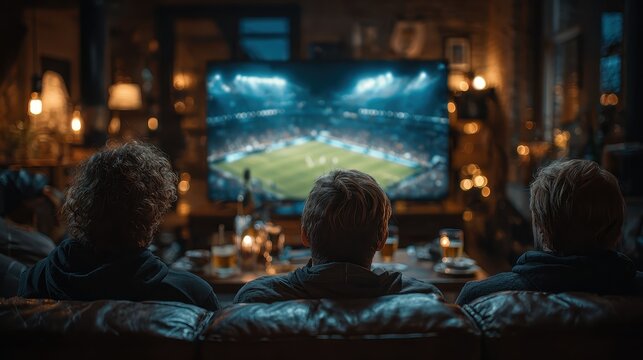 Friends gathered watching a soccer game on tv in a cosy, dark, rustic living room at night