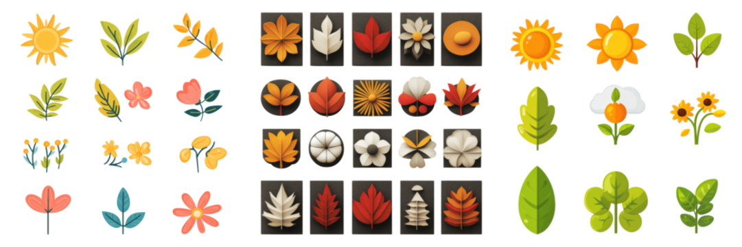 Collection of diverse stylized flowers and foliage icons in various autumnal colors on transparent background