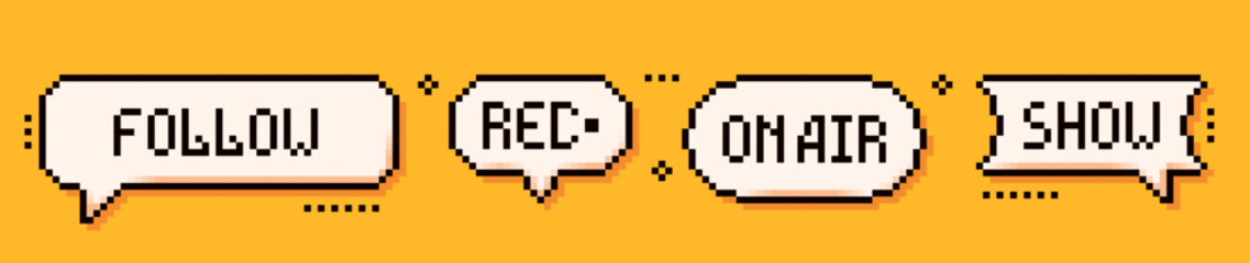 Y2K pixel speech bubbles. Buttons with follow, rec, on air and show text on yellow background.