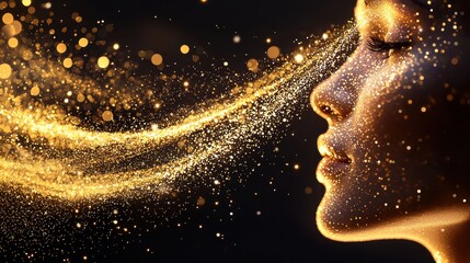 A glowing profile of a woman exudes a magical aura, surrounded by shimmering golden particles against a dark background.