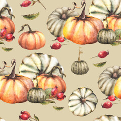 Watercolor Pumpkins with wild rose hip, briar fruits, dog rose seamless pattern. Autumn harvest illustration. Hand drawn Thanksgiving Day fabric, packaging, wallpaper. Isolated on beige background. 