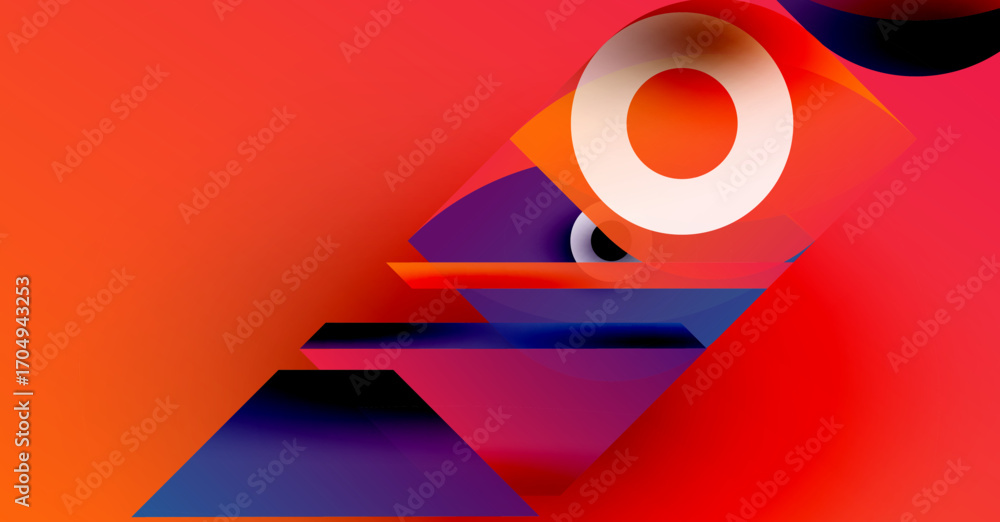 Poster abstract composition. red, orange, blue gradients create dynamic shapes. circular element adds depth