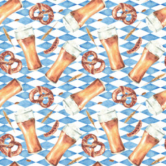 Watercolor Pretzel with glass of beer, sausage, spike of malt on blue rhombus Bavarian flags isolated white background seamless pattern. Oktoberfest food drink hand drawn illustration for fabric print