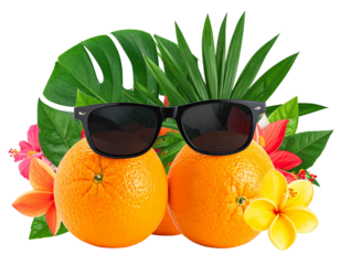Hyper-realistic PNG of fresh juicy oranges wearing stylish sunglasses,