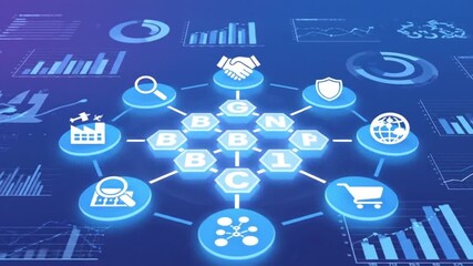 A futuristic digital network illustrating blockchain technology, decentralized finance, and global business transactions with interconnected icons and data visualizations.