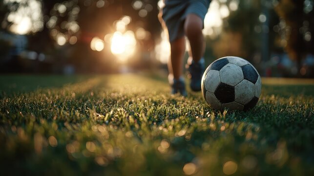 Boy kicks soccer ball on grassy field at sunset preparing to score a goal during golden hour, demonstrating skill and passion