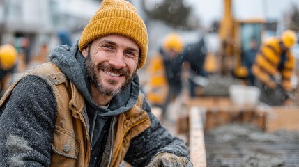 Happy construction worker smiles on a winter day at the construction site with other workers and an excavator