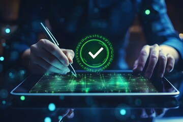 Digital signature with secure verification checkmark on tablet