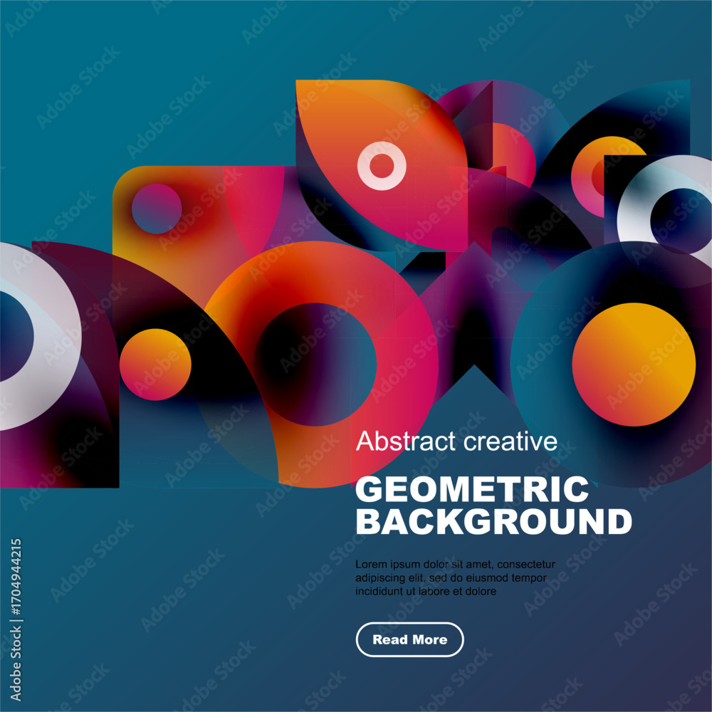 Poster vibrant geometric shapes overlap, creating dynamic colorful background. modern design features gradi