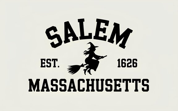 Halloween design featuring a silhouette of a witch on a broomstick and the words Salem est 1626 Massachusetts in collegiate style. Vintage print for tee-shirt or souvenir