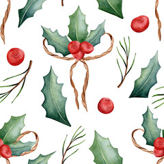 Seamless watercolor pattern. Holly, a bow made of rope, red berries isolated on a white background. Design for wrapping paper.