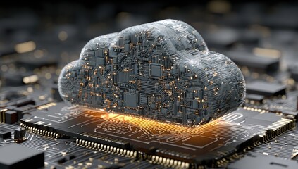 Abstract cloud computing concept. Grey cloud shape sits atop circuit board, intricate inner workings visible