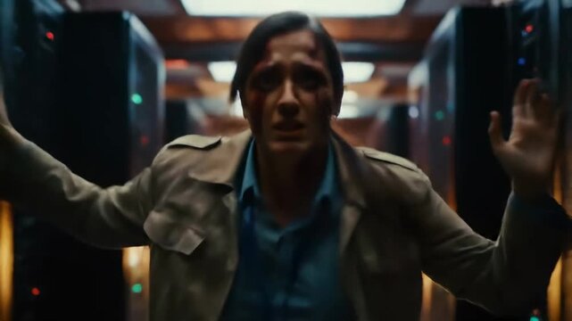 Terrified man with a wounded face raises his hands in surrender inside a dark, high-tech server room