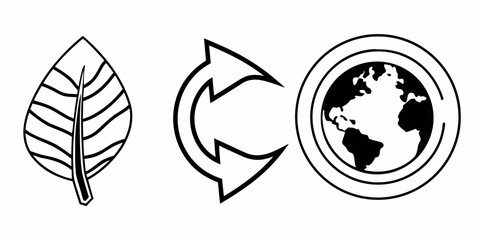 Outline of a leaf, circular arrows, and a globe symbolizing environmental sustainability and conservation