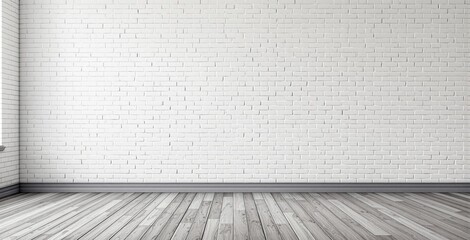 Fototapeta premium Minimalist empty room with white brick wall and wooden floor, ideal for product display, interior design mockups or background use. Ai generative. Ai generative