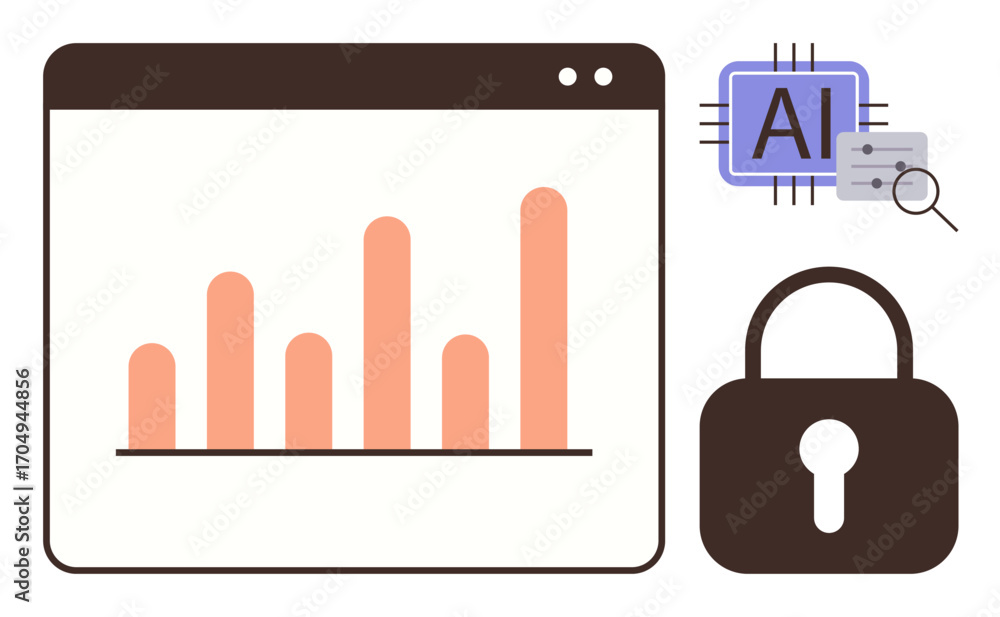 Aufkleber bar graph in a web browser, ai chip with settings and search icons, and security lock. ideal for tec
