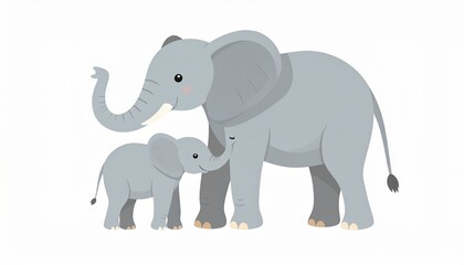 Obraz premium A mother elephant tenderly touches her baby elephant's trunk, showcasing a loving bond in a gentle illustration.