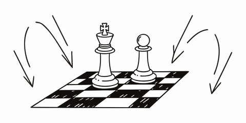 Fototapeta premium Illustration of a chess king and pawn on a checkered board with curved arrows pointing downwards around it
