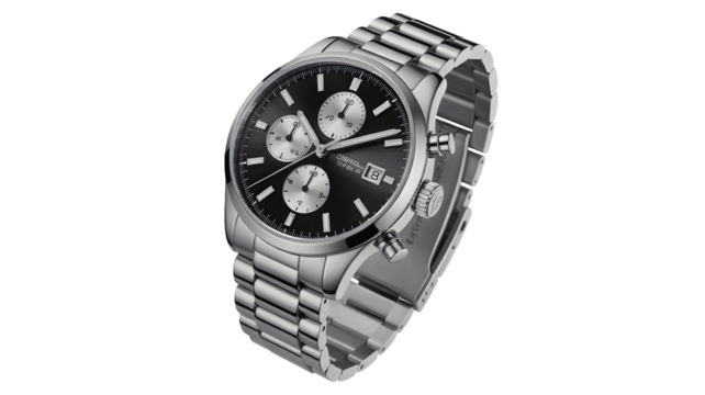 Elegant stainless steel chronograph watch with black dial, perfect for professional and modern style