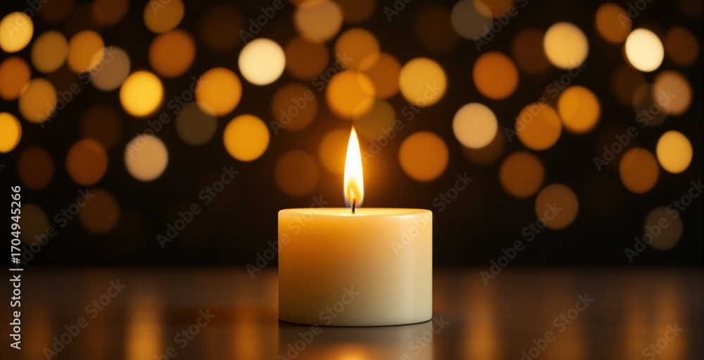 Poster glowing candle with golden bokeh lights in soft focus, creating a calm and warm ambiance with a crea