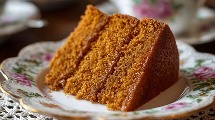 Russian honey cake slice close-up on vintage plate, center cleared for UI overlay 